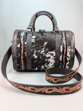 Western Cowhide Barrel Bag Hand Tooled Leather Speedy Purse Satchel